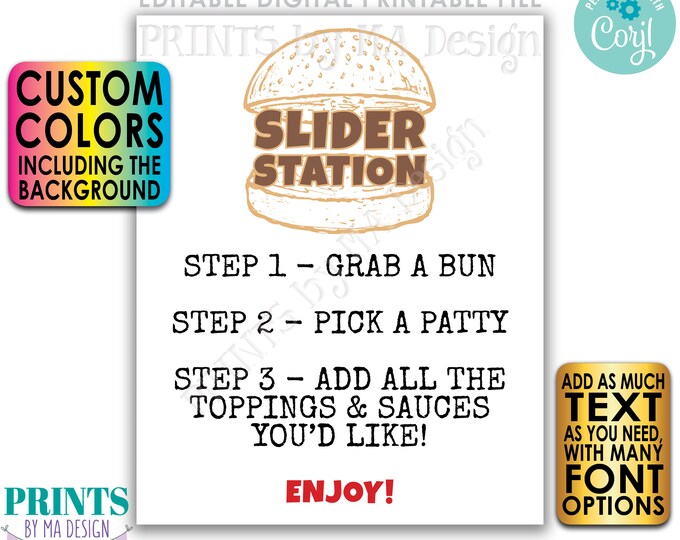 Editable Burger Sign, Custom Slider Bar Menu, Build Your Own Burger Buns, PRINTABLE 8x10/16x20” Sandwich Sign <Edit Yourself w/Corjl>