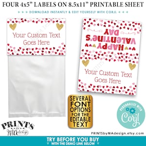 Puede incluir: Cuatro etiquetas imprimibles de 10,16 x 12,7 cm para el D&iacute;a de San Valent&iacute;n con un dise&ntilde;o de coraz&oacute;n y detalles de purpurina dorada. Las etiquetas incluyen el texto "Feliz D&iacute;a de San Valent&iacute;n" y "Tu texto personalizado aqu&iacute;".