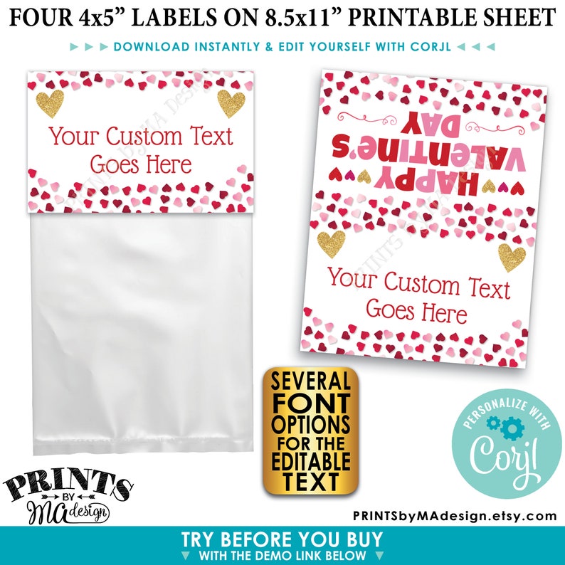 Puede incluir: Cuatro etiquetas imprimibles de 10,16 x 12,7 cm para el D&iacute;a de San Valent&iacute;n con un dise&ntilde;o de coraz&oacute;n y detalles de purpurina dorada. Las etiquetas incluyen el texto "Feliz D&iacute;a de San Valent&iacute;n" y "Tu texto personalizado aqu&iacute;".