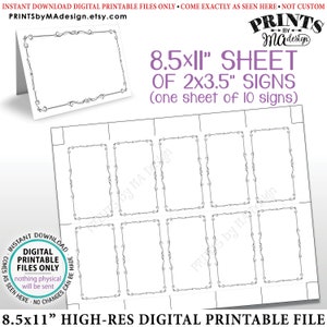 Könnte beinhalten: Druckbare Blatt mit 10 leeren Schildern mit dekorativen Rändern. Jedes Schild misst 5,1 cm x 8,9 cm. Das Blatt ist 21,6 cm x 27,9 cm groß. Der Text auf dem Blatt lautet "8.5x11" sheet of 2x3.5" signs (one sheet of 10 signs)"