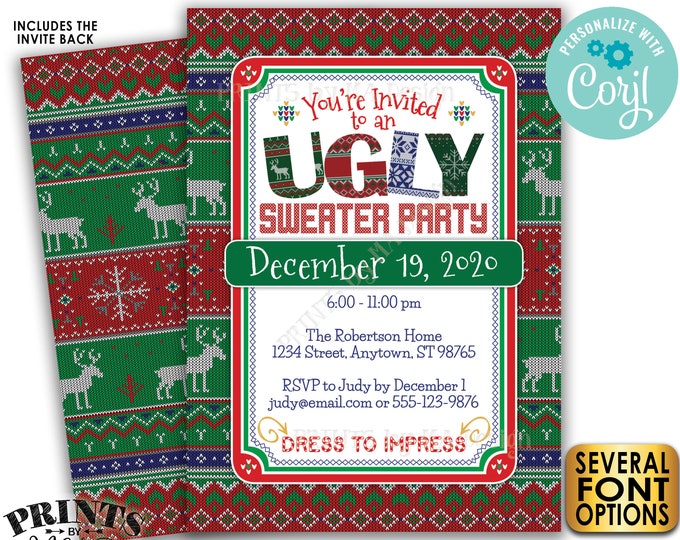 Ugly Sweater Party Invitation, Tacky Sweater X-mas Celebration, Xmas Party, PRINTABLE 5x7" Ugly Sweater Invite <Edit Yourself with Corjl>