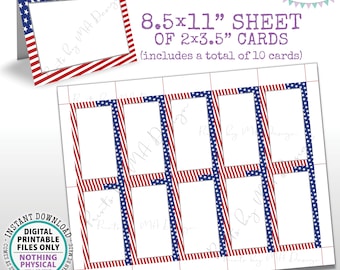 American Flag Place Cards, Fourth of July Mini Menu Table Tent, Stars, Patriotic, 10 Blank 2x3.5" cards on a PRINTABLE 8.5x11” Sheet <ID>