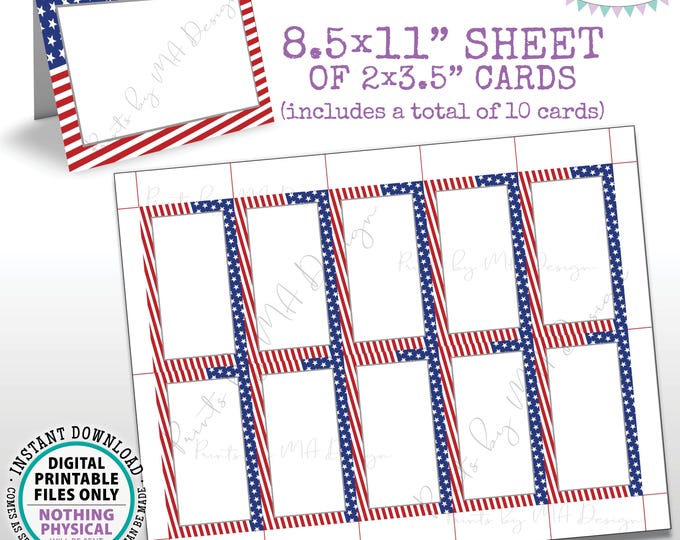 American Flag Place Cards, Fourth of July Mini Menu Table Tent, Stars, Patriotic, 10 Blank 2x3.5" cards on a PRINTABLE 8.5x11” Sheet <ID>