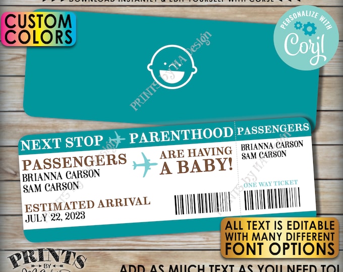 Editable Boarding Pass Pregnancy Announcement, Baby Airline Ticket, Custom PRINTABLE 8.5x11" Digital File <Edit Yourself w/Corjl>