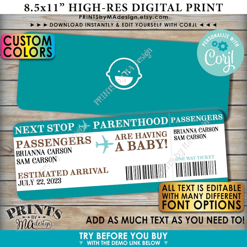 Puede incluir: Una tarjeta de anuncio de beb&eacute; digital imprimible de 21,6 x 27,9 cm de color azul turquesa con el texto "Next Stop Parenthood" y un icono de avi&oacute;n. La tarjeta est&aacute; dise&ntilde;ada para parecerse a una tarjeta de embarque con el texto "Passengers" y "Estimated Arrival" con un c&oacute;digo de barras. El texto es editable con muchas opciones de fuente diferentes.
