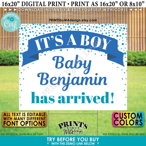 Baby Boy Aankondiging Yard Sign, Bewerkbaar Gender Reveal Sign, It's a Boy, Custom PRINTABLE 16x20" Template <Edit Yourself w/Corjl>