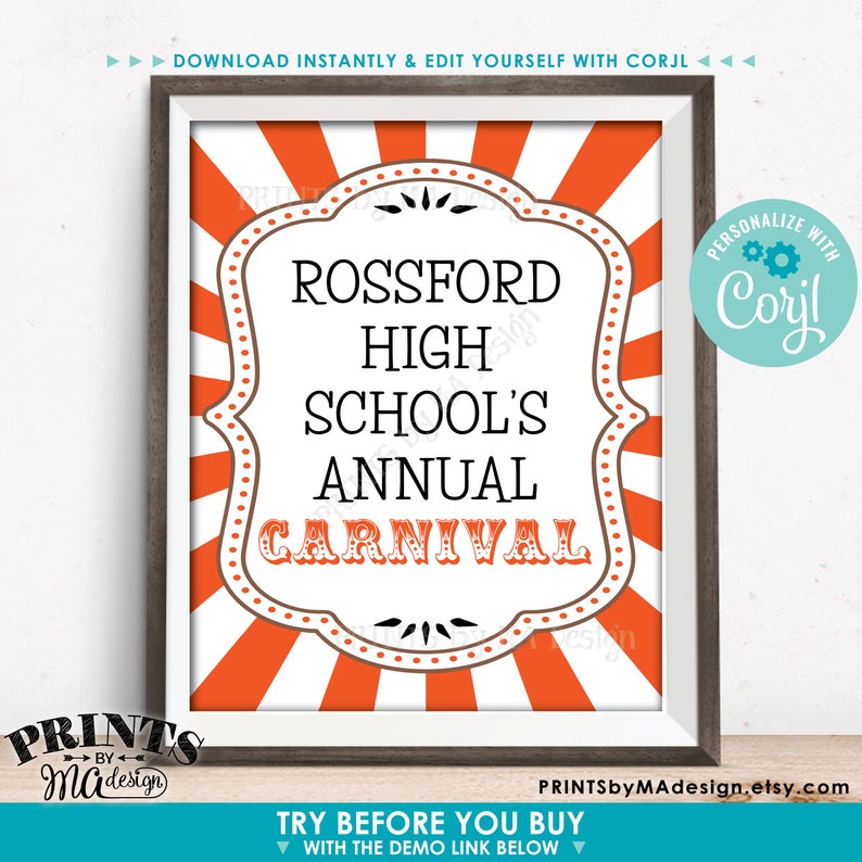 May include: Printable sign for a school carnival with an orange and white striped background. The sign says "Rossford High School's Annual Carnival".