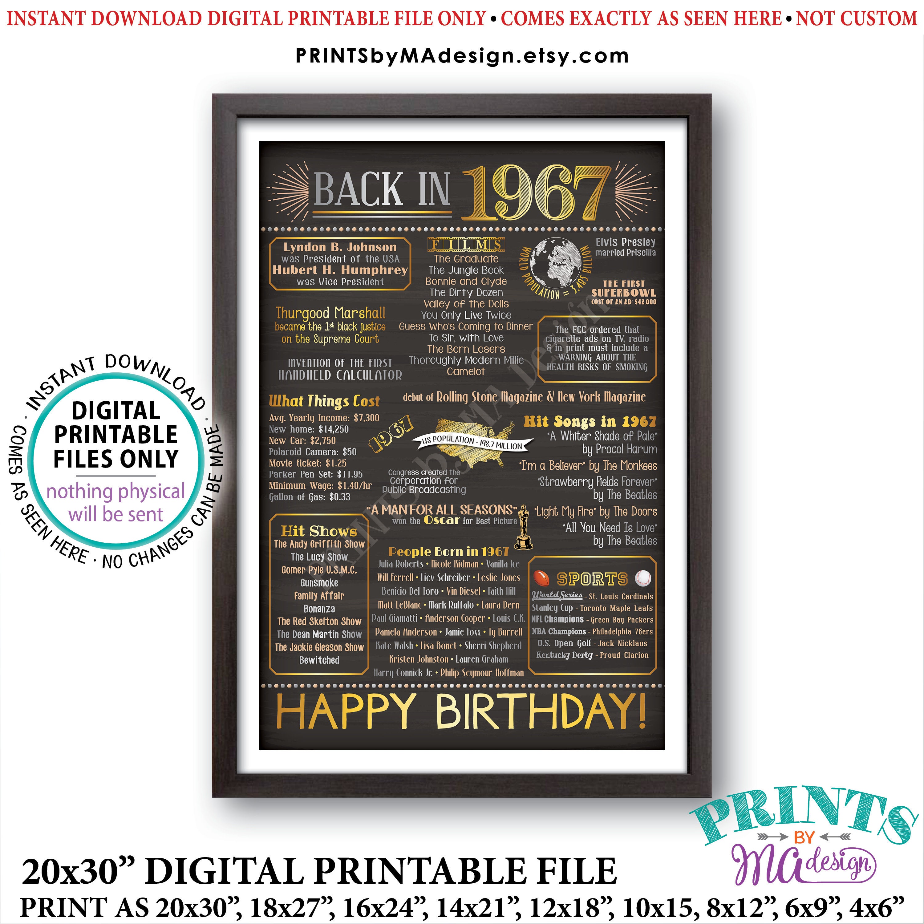 1967 Birthday Poster Born in 1967 Flashback to 1967 USA | Etsy