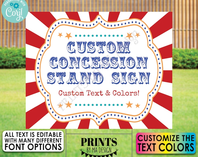 Carnival Concession Stand Sign, Circus Festival, Birthday Party, Custom Colors, One PRINTABLE 8x10/16x20” Sign <Edit Text Yourself w/Corjl>