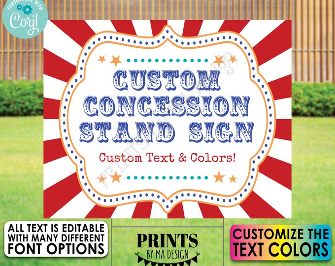 Carnival Concession Stand Sign, Circus Festival, Birthday Party, Custom Colors, One PRINTABLE 8x10/16x20” Sign <Edit Text Yourself w/Corjl>