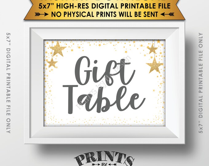 Gift Table Baby Shower Sign, Cards & Gifts Sign Gray Text Baby Shower Decor Gold Glitter Twinkle Stars, Instant Download 5x7” Printable Sign