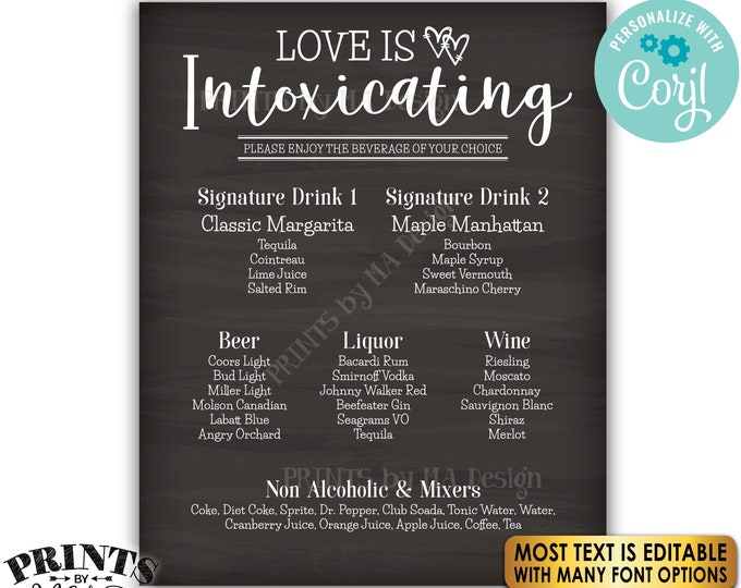 Bar Menu Sign, Love is Intoxicating, Wedding Reception Drinks, Custom PRINTABLE 8x10/16x20” Chalkboard Style Sign <Edit Yourself with Corjl>