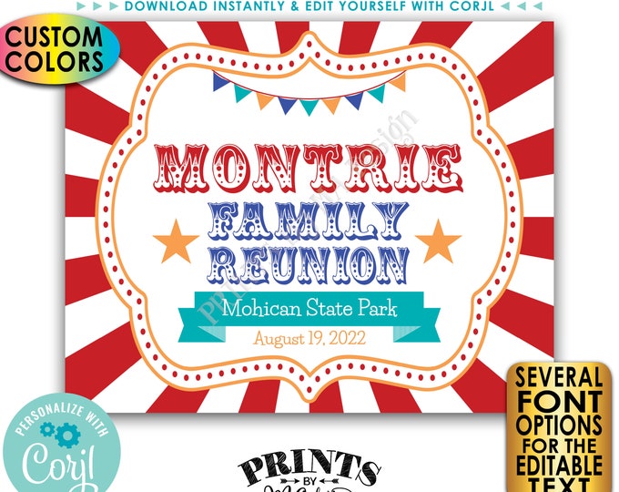 Family Reunion Sign, Carnival Themed Family Reunion Banner, Circus Sign, PRINTABLE 8x10/16x20” Reunion Sign <Edit Yourself with Corjl>