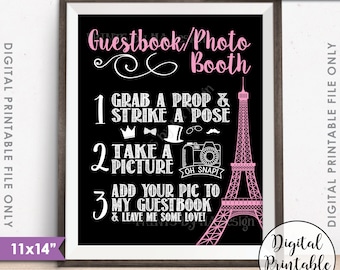 Paris Guestbook Photobooth Sign, Paris France, Add Photo to Guest Book Photo Booth, Sweet 16 Birthday, Black & Pink PRINTABLE 11x14" <ID>
