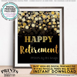 Retirement Sign, Happy Retirement Party Sign, Retirement Celebration, Black & Gold Glitter 8x10&quot; PRINTABLE Instant Download