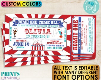 Circus Ticket Invitation, Custom Carnival Theme Birthday Party Invite, All Text Editable, One PRINTABLE 4x9" Ticket <Edit Yourself w/Corjl>