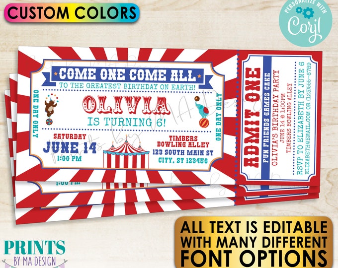 Circus Ticket Invitation, Custom Carnival Theme Birthday Party Invite, All Text Editable, One PRINTABLE 4x9" Ticket <Edit Yourself w/Corjl>