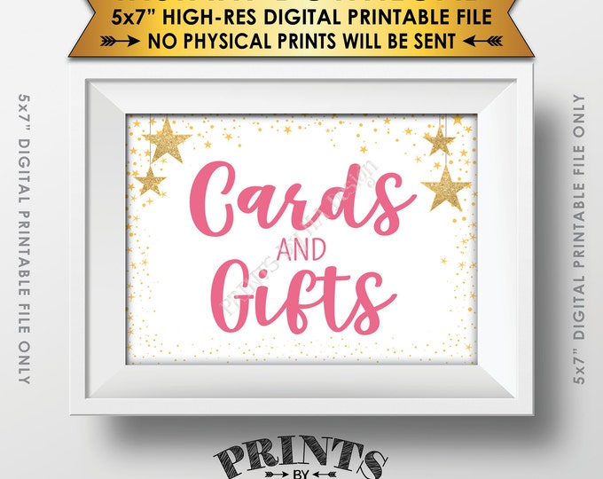 Cards and Gifts Baby Shower Sign, Cards & Gifts Pink Text Baby Shower Decor Gold Glitter Twinkle Stars, Instant Download 5x7” Printable Sign
