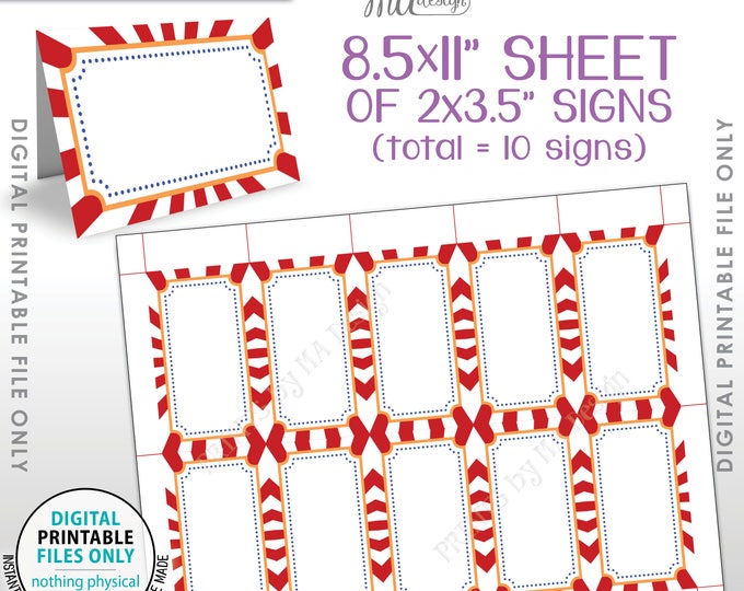 Carnival Theme Labels, Food Labels, Buffet Place Cards, Table Tent Menu Labels, Circus Theme Birthday Party, PRINTABLE 8.5x11” Sheet <ID>