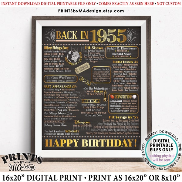 Back in 1955 Birthday Poster Board, Flashback to 1955 Birthday Decoration, ‘55 B-day Gift, PRINTABLE 16x20” Sign, Birthday Decor <ID>