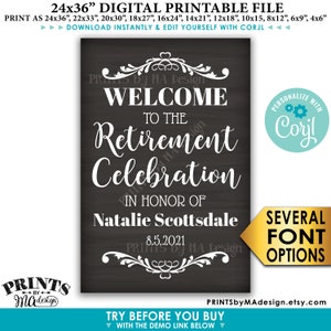 Op de afbeelding: Een zwart-witte printbare poster met een krijtbordachtergrond. De poster zegt "Welkom bij de pensioneringsviering ter ere van Natalie Scottsdale 8.5.2021". De poster is 61 cm bij 91 cm en kan in verschillende formaten worden afgedrukt.