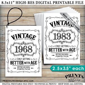 Etiquetas de cumpleaños vintage, que mejoran con el tiempo, etiquetas envejecidas a la perfección, etiquetas de cumpleaños, CUALQUIER AÑO, hoja IMPRIMIBLE de 8,5 x 11 pulgadas de etiquetas de 2,5 x 3,5 pulgadas
