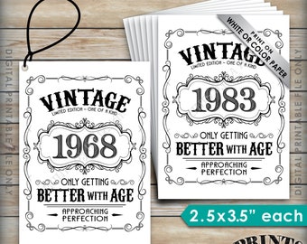 Vintage Birthday Tags, Only Getting Better with Age, Aged to Perfection Tags Bday Labels, ANY YEAR, 8.5x11" PRINTABLE sheet of 2.5x3.5" tags