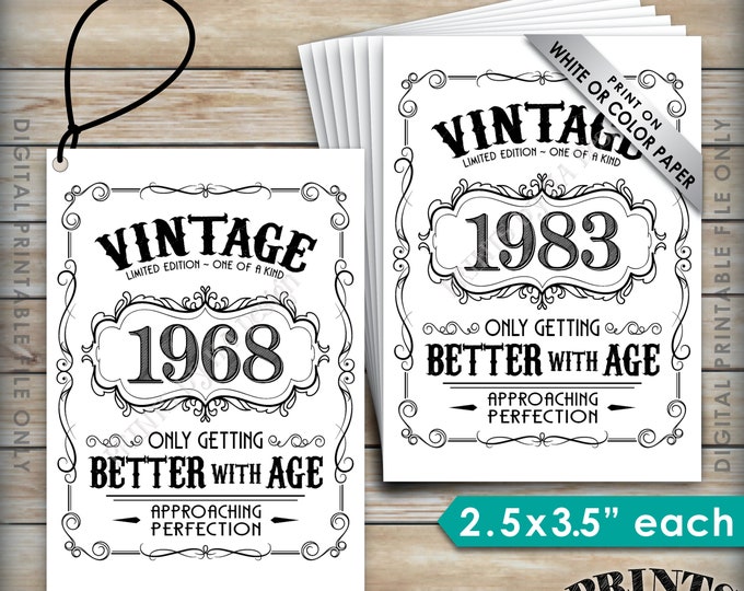 Vintage Birthday Tags, Only Getting Better with Age, Aged to Perfection Tags Bday Labels, ANY YEAR, 8.5x11" PRINTABLE sheet of 2.5x3.5" tags