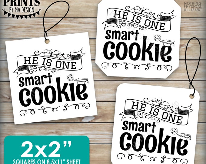 He is One Smart Cookie Cards or Tags, Boy Graduation Party Favors, 2x2" squares on PRINTABLE 8.5x11" Sheet, Digital Printable File <ID>