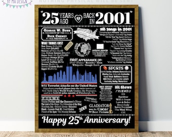 25th Anniversary Poster Board, Married in 2001 Black & Silver Anniversary Gift, Back in 2001 Flashback 25 Years, PRINTABLE 16x20” Sign <ID>
