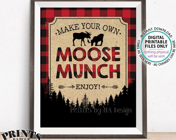 Moose Munch Sign, Make Your Own Moose Munch Lumberjack Style Snack Mix Sign, Red Checker Buffalo Plaid Woodland, PRINTABLE 8x10" Sign <ID>