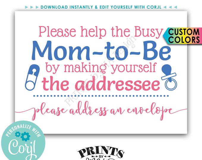 Baby Shower Address an Envelope Sign, Help the Busy Mom-to-Be by being the Addressee, PRINTABLE Sign <Edit Colors Yourself with Corjl>