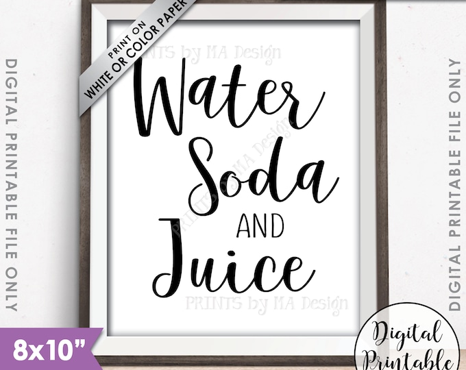 Water Soda and Juice Sign, Non-Alcoholic Drinks Sign, DIY Beverage Station Display, PRINTABLE 8x10” Black & White Sign <ID>