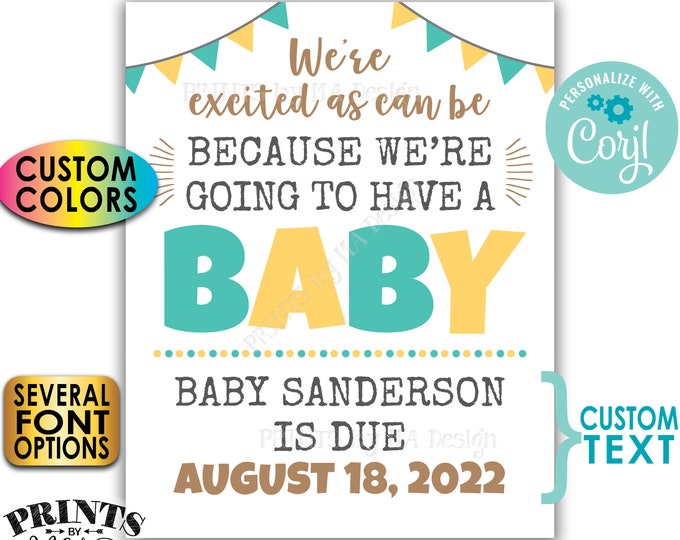 Excited as Can Be We're Going to Have a Baby Pregnancy Announcement, Custom Colors, PRINTABLE Baby Reveal Sign <Edit Yourself with Corjl>