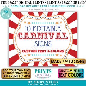 Editable Carnival Signs, Circus Theme Party, Birthday, Make Up to 10 Custom PRINTABLE 8x10/16x20” Carnival Signs <Edit Yourself w/Corjl>