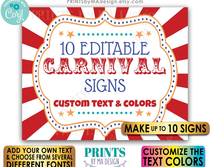 Editable Carnival Signs, Circus Theme Party, Birthday, Make Up to 10 Custom PRINTABLE 8x10/16x20” Carnival Signs <Edit Yourself w/Corjl>