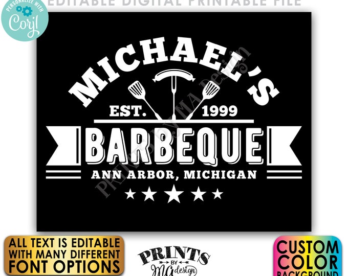 Editable BBQ Sign, Backyard Barbecue, Barbie Grill Smokehouse, Custom Color Background, PRINTABLE 8x10/16x20” Sign <Edit Yourself w/Corjl>