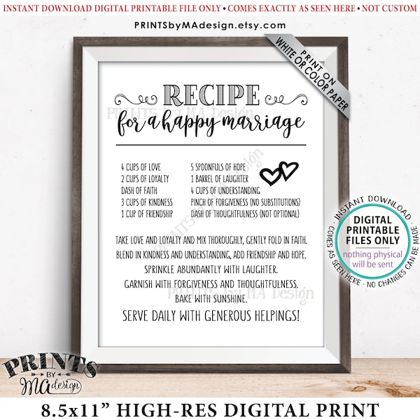 Recipe for a Happy Marriage Sign,  Bridal Shower Gift, Key to a Happy Marriage, Wedding Advice for Marriage, PRINTABLE 8.5x11” Sign <ID>