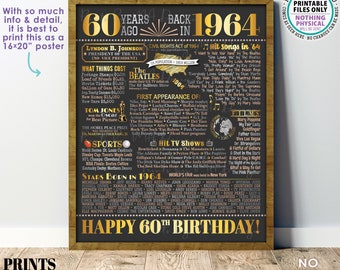 60th Birthday Poster Board, Born in the Year 1964 Flashback 60 Years Ago B-day Gift, PRINTABLE 16x20” Back in 1964 Sign <ID>