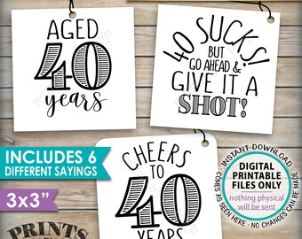 40th Birthday Party Signs, Alcohol Themed 40th B-day, Aged to Perfection Take a Shot, PRINTABLE Square 3x3" tags on 8.5x11" Instant Download