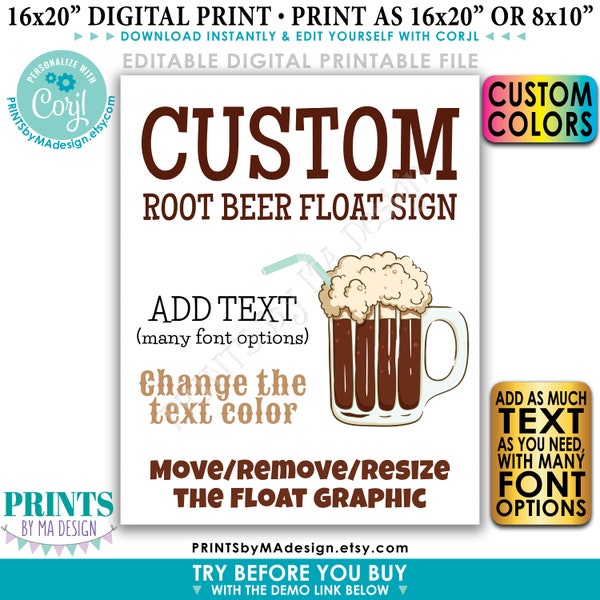 Custom Ice Cream Float Sign, Root Beer Float, Choose Your Text, Create One Custom PRINTABLE 8x10/16x20” Drink Sign <Edit Yourself w/Corjl>