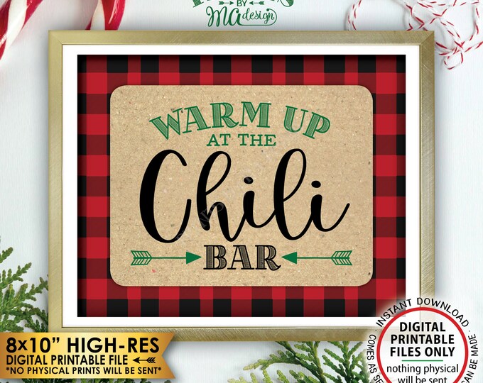 Warm Up at the Chili Bar Sign, Lumberjack Chili Sign, Chili Buffet Sign, Red Check Christmas Decor, Green, PRINTABLE 8x10” Instant Download