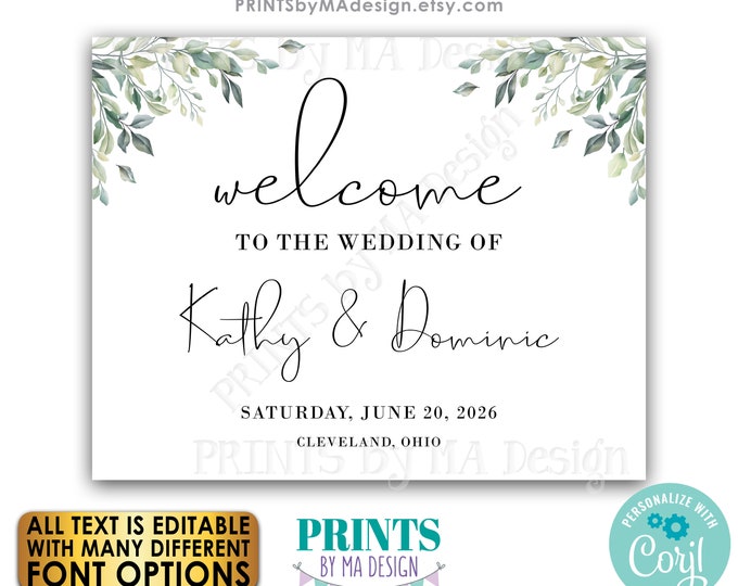Wedding Welcome Sign, Simple Elegant Custom Entrance Display, Greenery Watercolor Leaves, PRINTABLE 8x10/16x20” Sign <Edit Yourself w/Corjl>