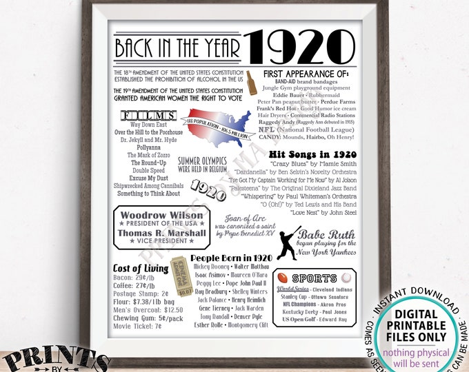 Back in the Year 1920 Poster Board, Remember 1920 Sign, Flashback to 1920 USA History from 1920, PRINTABLE 16x20” 1920 Sign <ID>