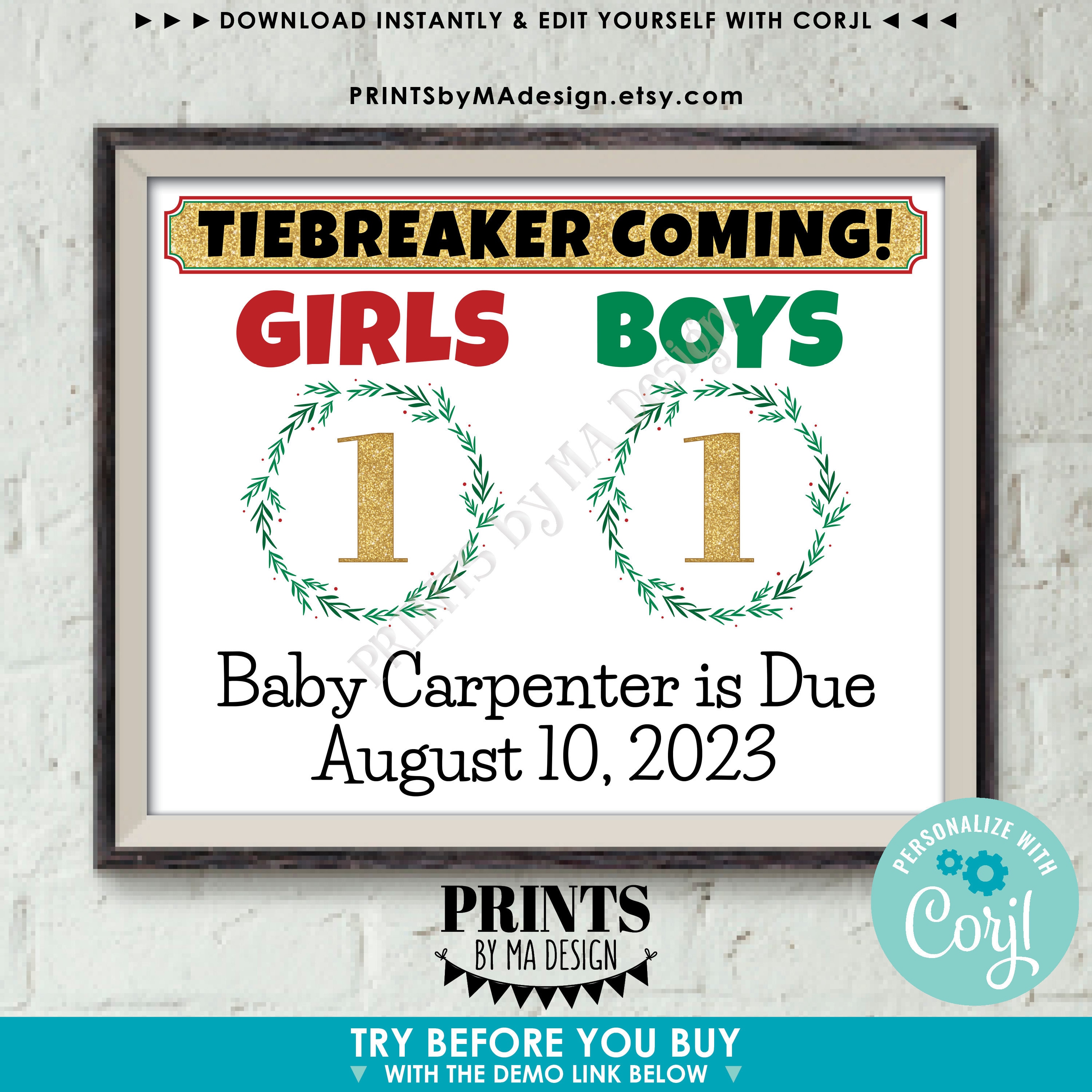 EDITABLE Tie Breaker Pregnancy Announcement Sign New Baby 