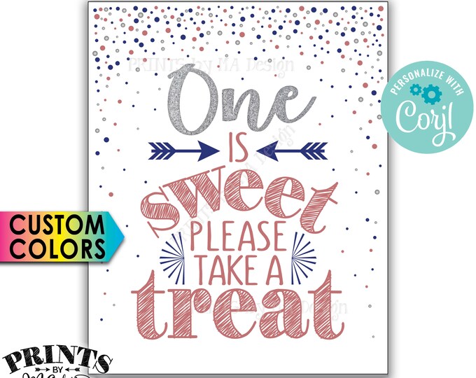 One is Sweet Please Take a Treat Sign, First Birthday Party Favors, Silver Glitter, Custom PRINTABLE 8x10" Sign <Edit Yourself with Corjl>