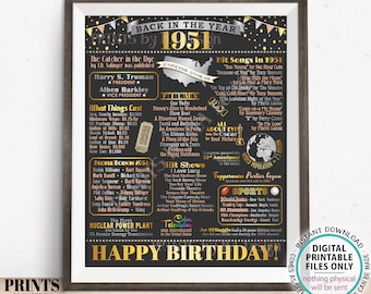 Back in the Year 1951 Birthday Sign, Flashback to 1951 Poster Board, ‘51 B-day Gift, Bday Decoration, PRINTABLE 16x20” Sign <ID>