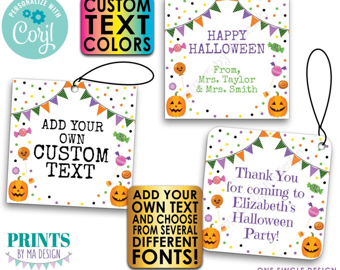 Editable Halloween Tags or Cards, Custom Goodie Bag Party Favors, Treats, PRINTABLE 8.5x11" Sheet of 2x2" Cards <Edit Yourself w/Corjl>