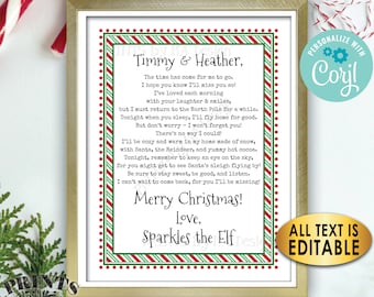 Christmas Elf Goodbye Letter to Kids, Bye Magic Elf Farewell Note, One Custom PRINTABLE 8.5x11" Digital File <Edit Yourself with Corjl>