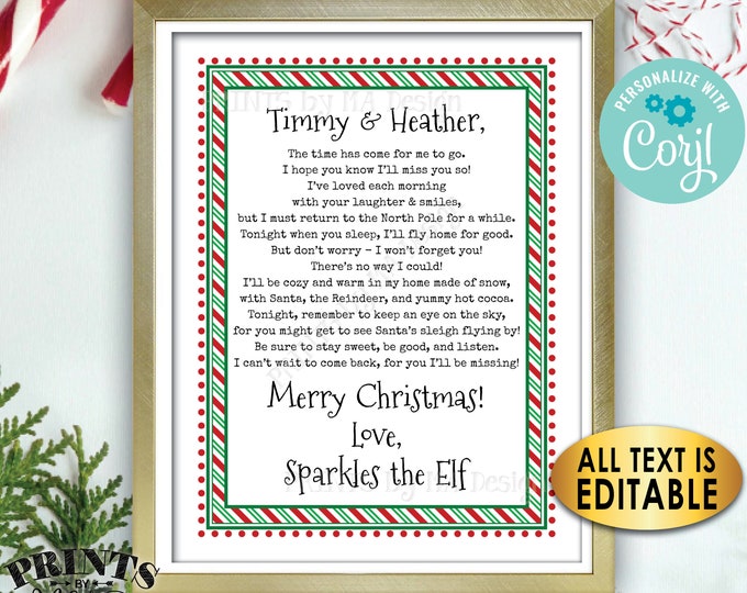 Christmas Elf Goodbye Letter to Kids, Bye Magic Elf Farewell Note, One Custom PRINTABLE 8.5x11" Digital File <Edit Yourself with Corjl>